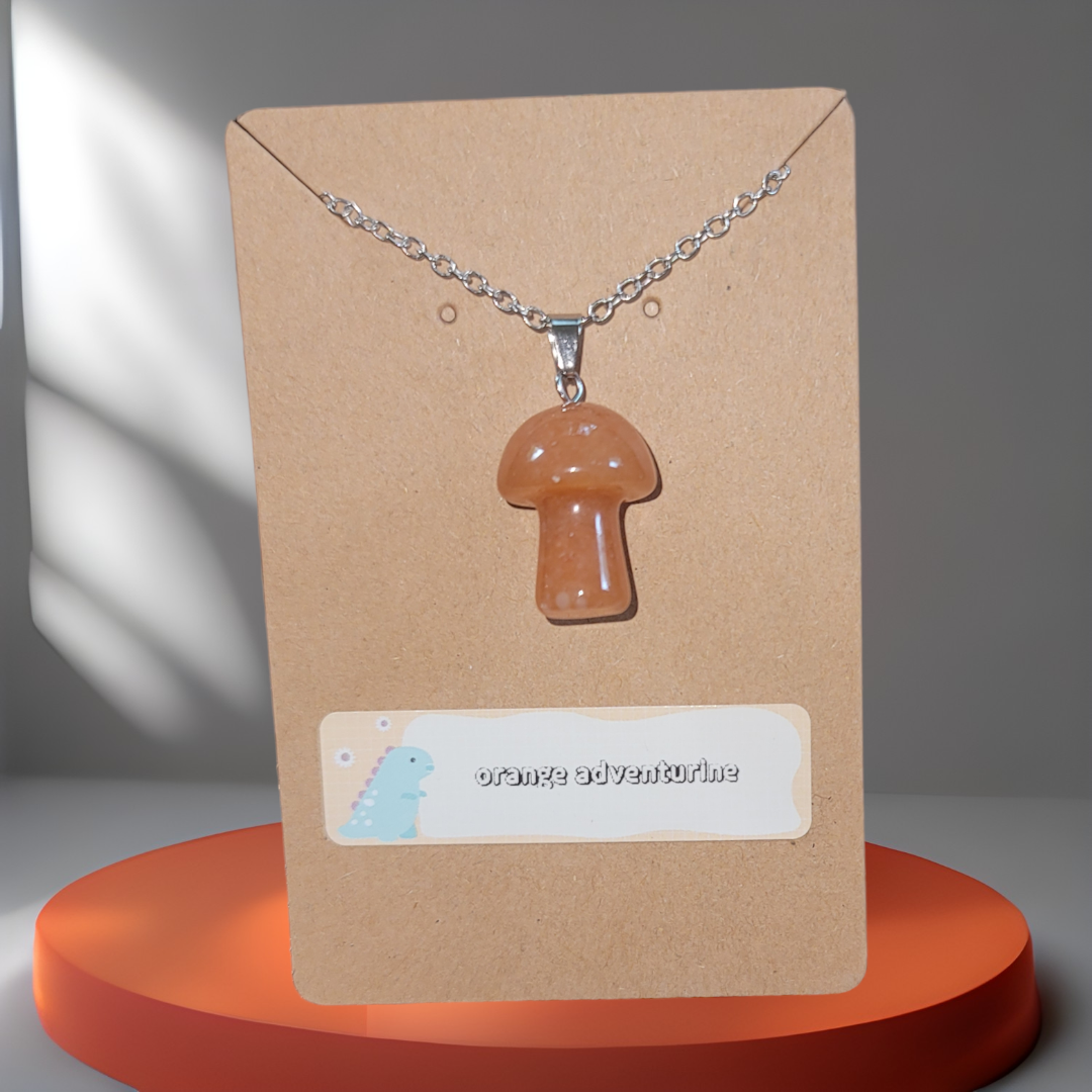 Orange Aventurine Natural Crystal Mushroom Pendant Necklace