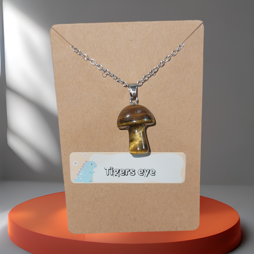 Tigers Eye Natural Crystal Mushroom Pendant Necklace