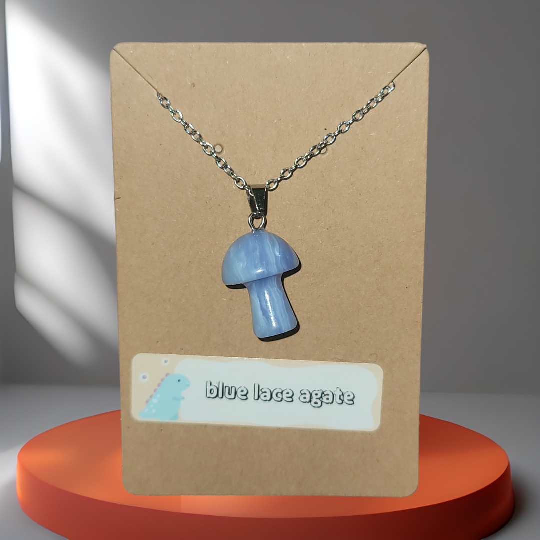 Blue Lace Agate Natural Crystal Mushroom Pendant Necklace