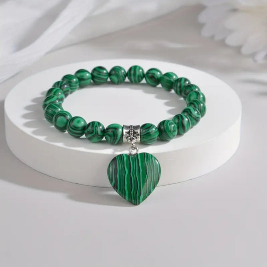 Malachite Natural Crystal Heart Pendant Bracelet