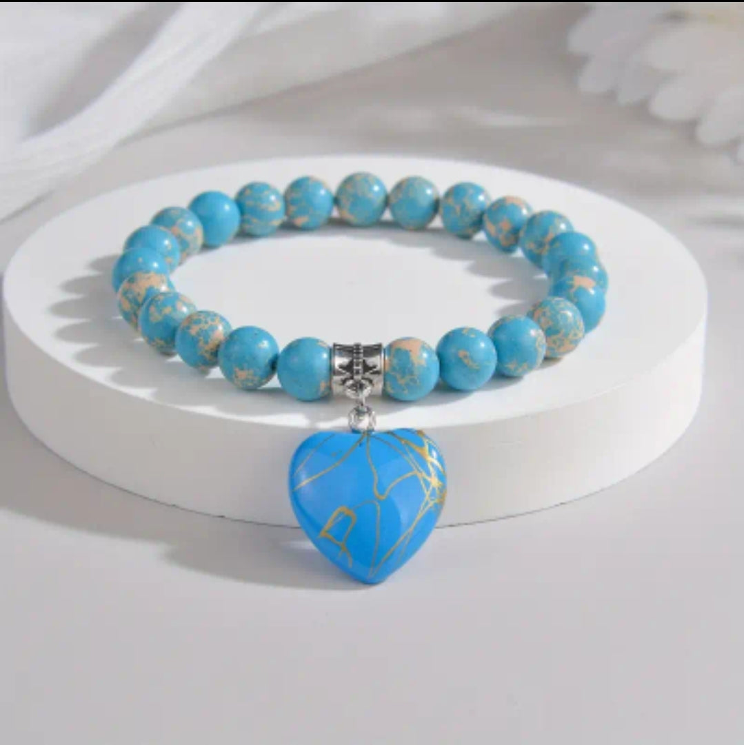 Blue Emperor Turquoise Natural Crystal Heart Pendant Bracelet