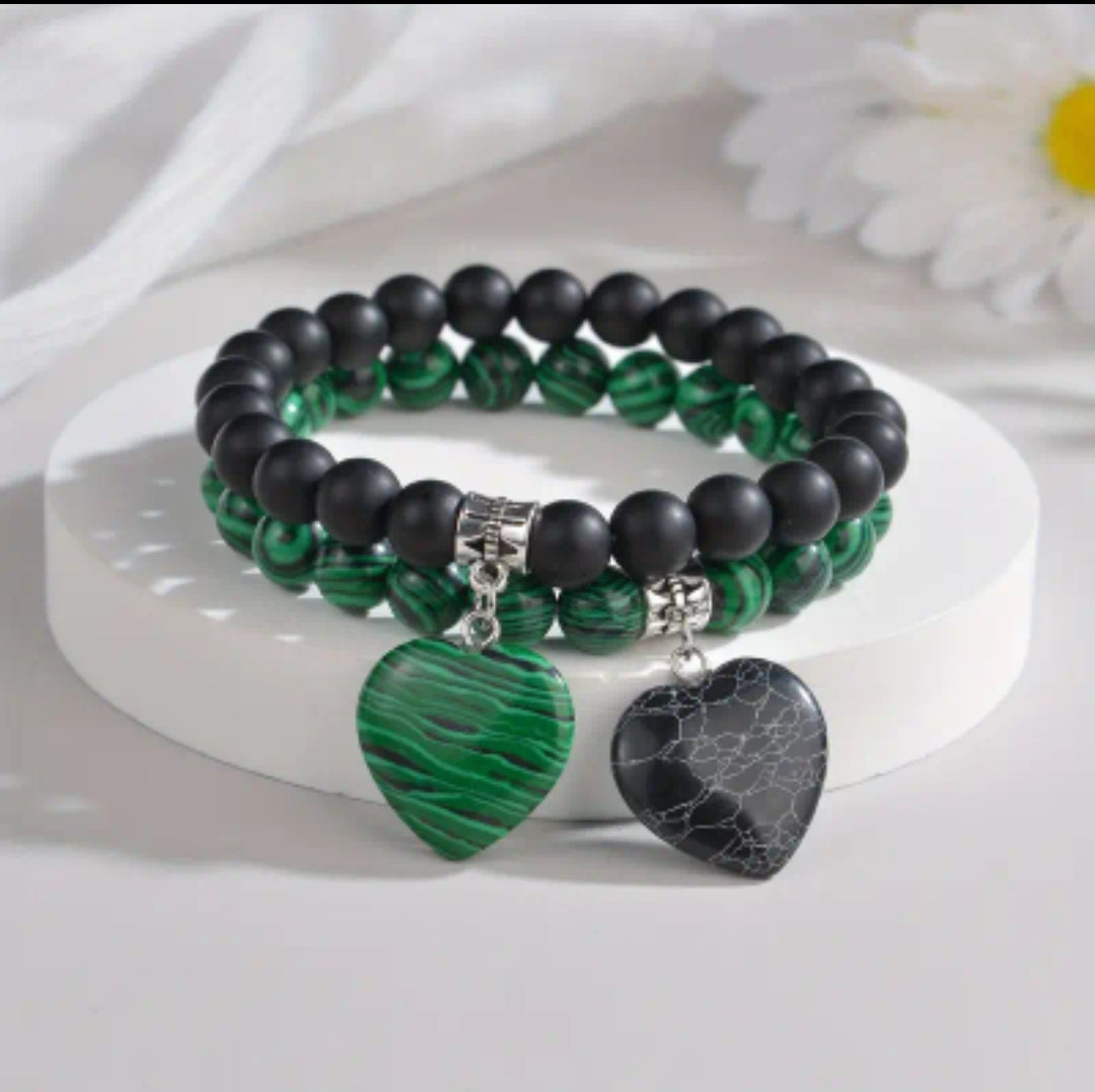 Black Matte Obsidian & Malachite  Natural Crystal Heart Pendant Bracelet set.